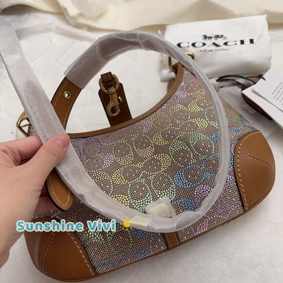 NWT Coach Hamptons Hobo Bag Shoulder Crystal Signature Jacquard Rainbow CCX16 - Picture 10 of 11
